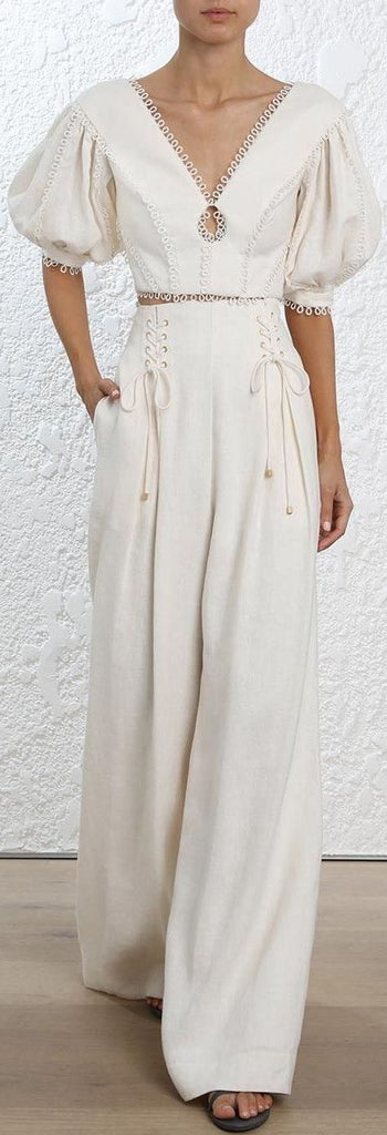 Cream Linen Top and High Waist Pant Set