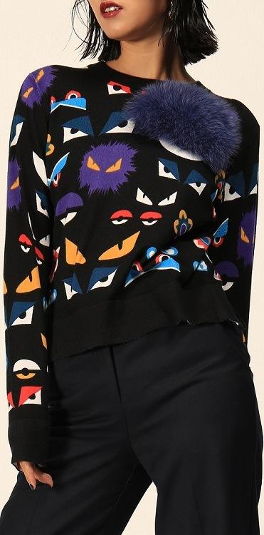 Bug Eyes Print Knit Sweater with Fur Patch