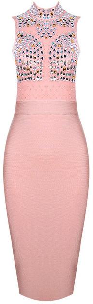 Rhinestone-Bead-Embellished Stretchy Mini Dress, Pink