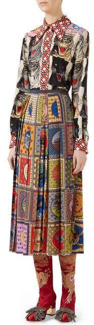 Tiger Print Shirt & Pleated Tarot Card Print Skirt