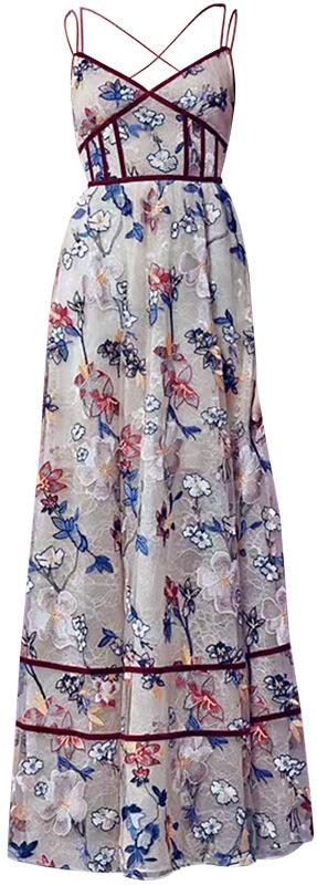 Floral Lace and Cotton Blend Velvet-Paneled Maxi Dress