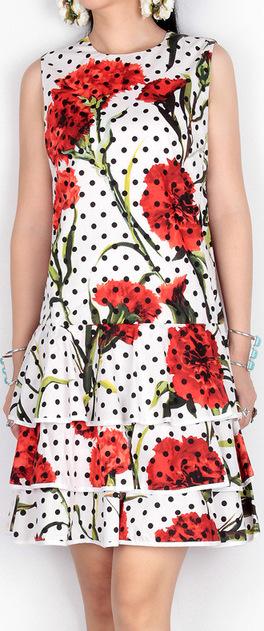 *Extended Sizes* Polka Dot & Carnation Print Sleeveless Dress