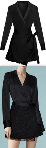 Satin Blouse with Lace-Detailed Wrap Mini Skirt