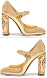 Gold Embellished Clock-Heel Mary Jane Pumps