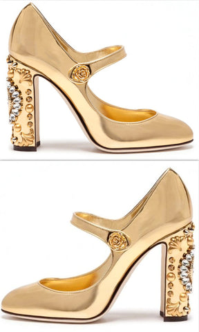 Gold Embellished Clock-Heel Mary Jane Pumps