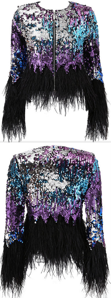 Feather-Trimmed Sequin-Embellished Jacket