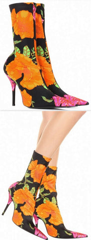 Floral Satin Pointed Toe Bootie