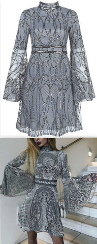 Sequin-Embroidered Flared-Sleeve Mini Dress