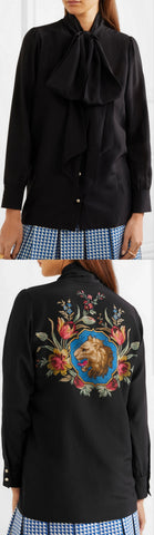 Black Pussy-Bow Printed Blouse
