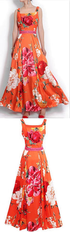 Floral Print Sleeveless Maxi Dress, Orange