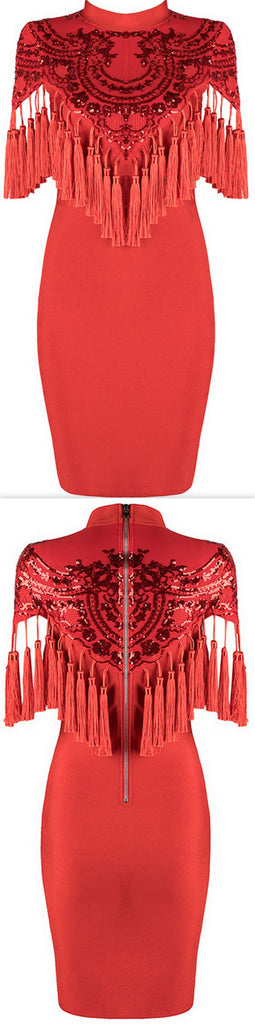 'Addisan' Sequin-Embellished Tassel Stretch Mini Dress - Red or Black