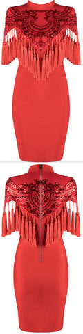 'Addisan' Sequin-Embellished Tassel Stretch Mini Dress - Red or Black