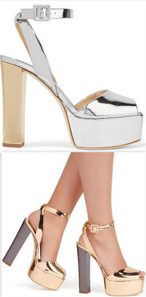 Mirrored-Leather Platform Sandals - Silver or Gold