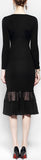 Flower-Applique Long-Sleeve Black Midi Dress