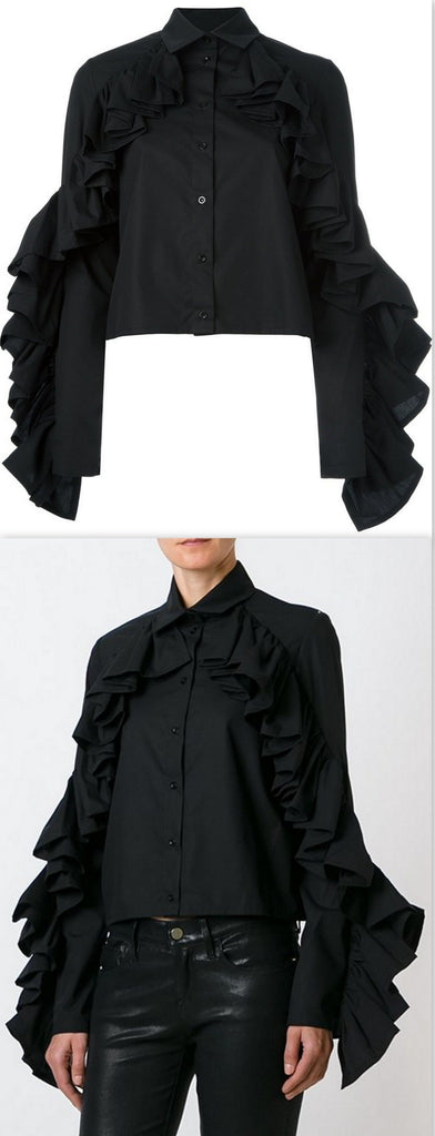 Ruffle Trim Long Sleeves Shirt, Black