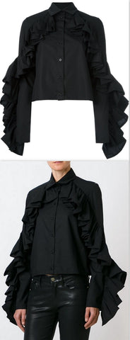 Ruffle Trim Long Sleeves Shirt, Black