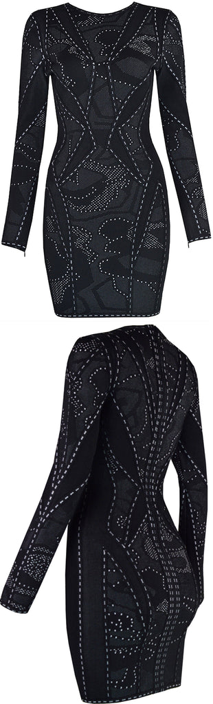 Jacquard Stretch Long-Sleeve Bandage Mini Dress, Black
