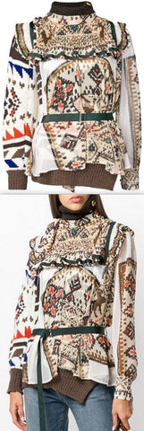 Embroidered Roll-Neck Navajo Print Sweater, Brown