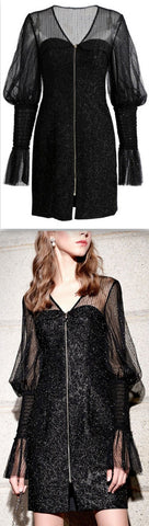Black Glitter Flocked-Sleeve Mini Dress