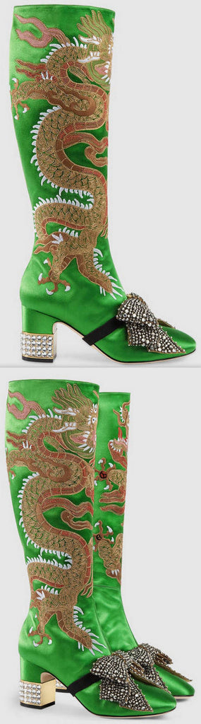 Dragon Satin Mid-Heel Knee Boot, Green