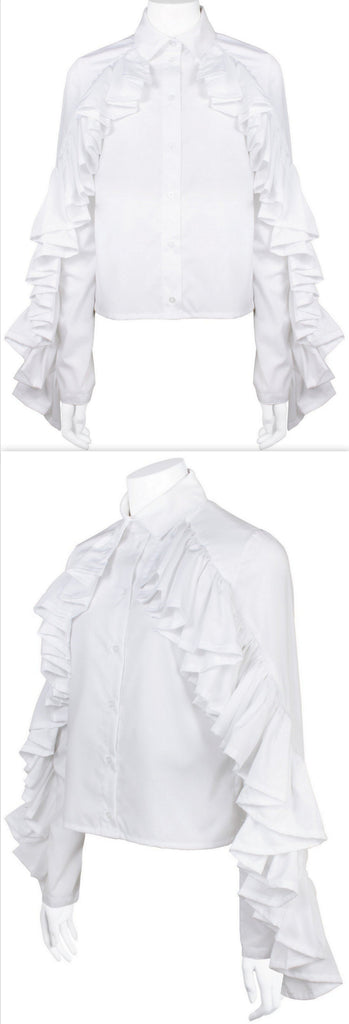 Ruffle Trim Long Sleeves Shirt, White