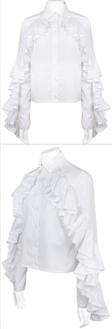 Ruffle Trim Long Sleeves Shirt, White