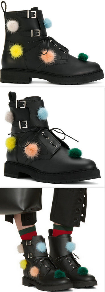Black Pom Pom Combat Boots