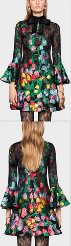 Floral Organdy Jacquard and Lace Dress