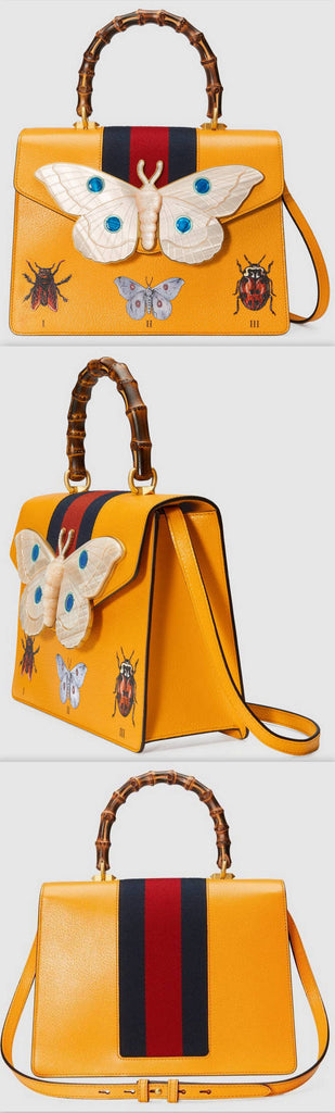 Leather Top Handle Bag with Moth, Yellow
