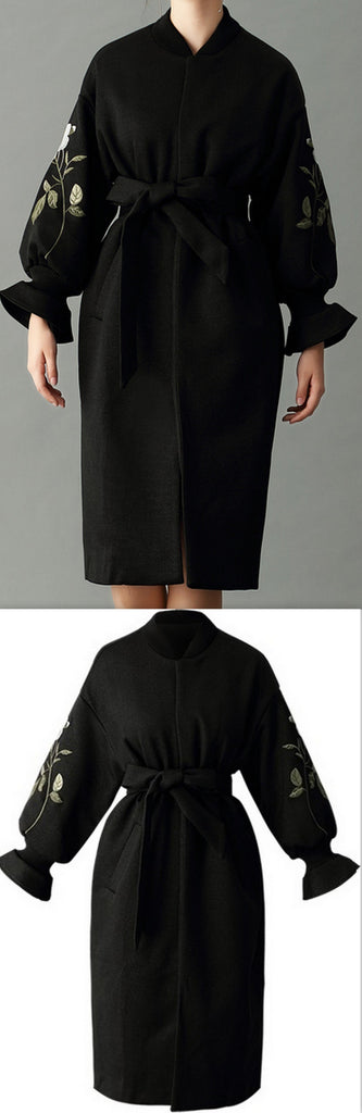 Floral-Embroidered Wrap Coat