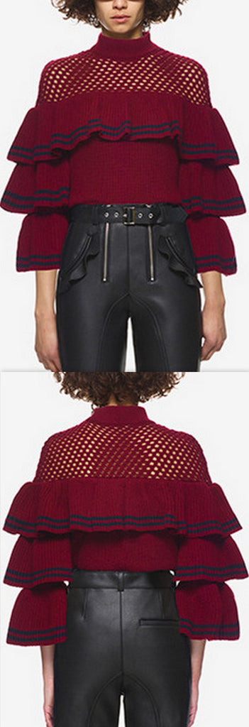 Striped Frill Sweater in Burgundy