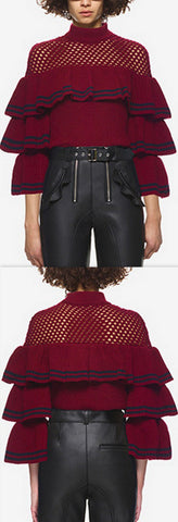 Striped Frill Sweater in Burgundy
