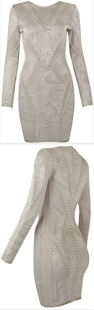 Jacquard Stretch Long-Sleeve Bandage Mini Dress, Beige