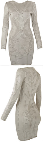 Jacquard Stretch Long-Sleeve Bandage Mini Dress, Beige