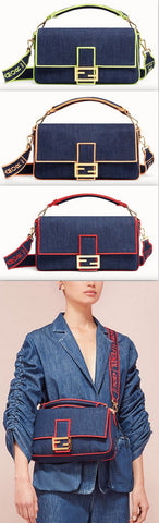 Baguette Large Blue Denim Bag - Fluorescent Yellow, Neon Orange, Red