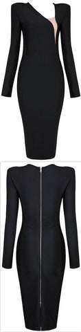 Black Long-Sleeve Asymmetric-Neckline Bodycon Knee-Length Dress