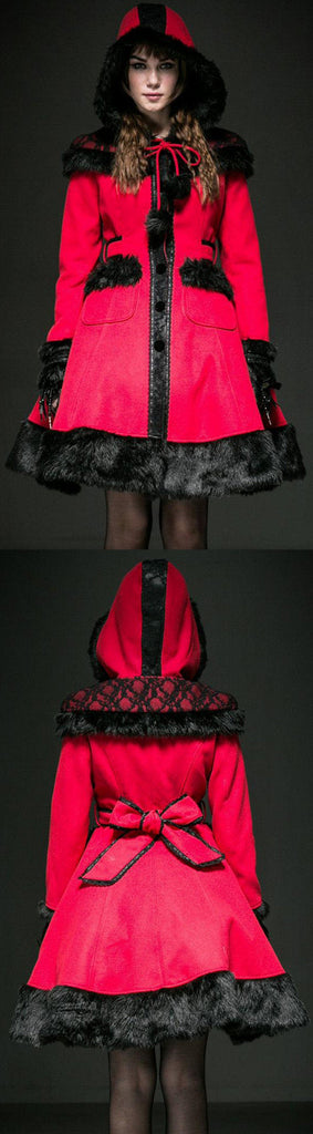 Contrast Fur-Trimmed Red Riding Hood Coat