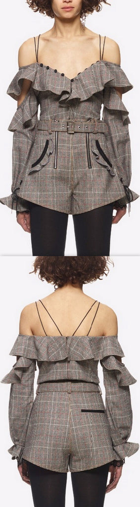 Check Off Shoulder Frill Top &  Check Double Zip Shorts