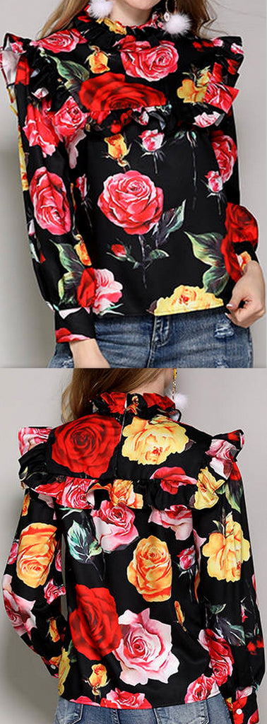 Roses Print Ruffle-Bib Blouse, Black