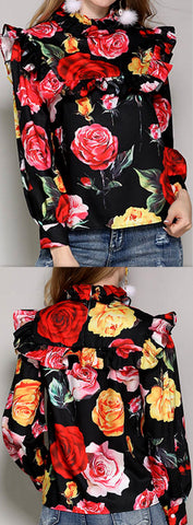 Roses Print Ruffle-Bib Blouse, Black