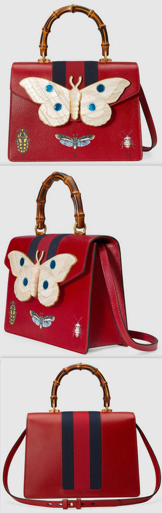 Leather Top Handle Bag with Moth, Red