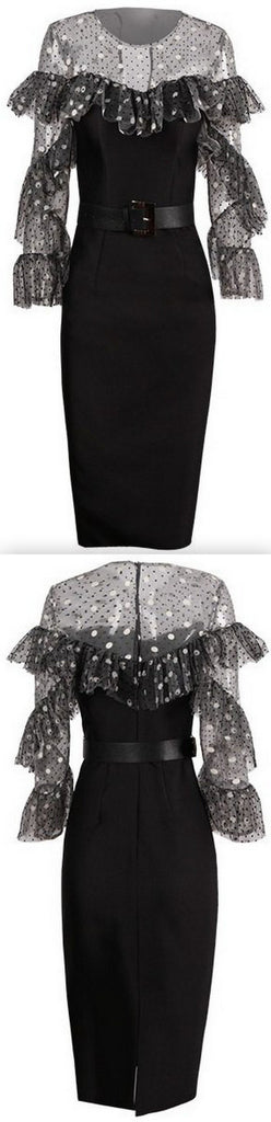 Ruffled Polka Dot Mesh Belted Dress