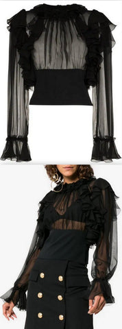 Ruffle Sleeve Sheer Silk Blouse