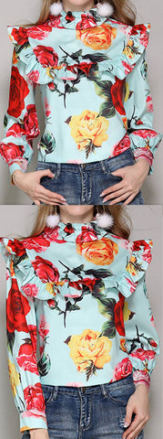 Roses Print Ruffle-Bib Blouse, Light Blue