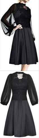 Black Tulle-Sleeve Lace Evening Dress