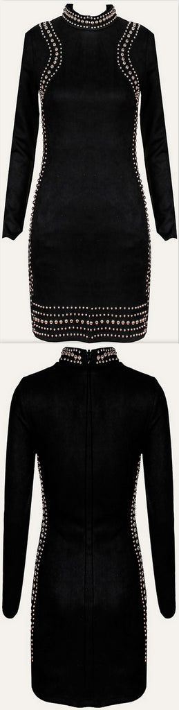 Black Studded Long-Sleeve Bodycon Mini Dress
