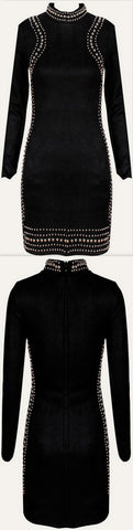 Black Studded Long-Sleeve Bodycon Mini Dress