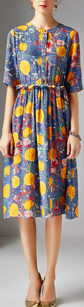 Fruit and Floral Print Silk Midi Dress