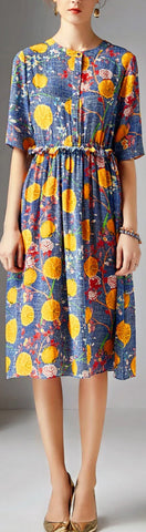 Fruit and Floral Print Silk Midi Dress