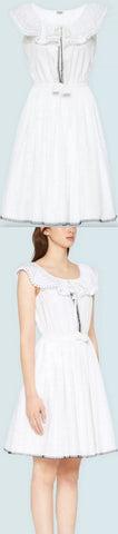 Poplin Dress with Pom Poms, White